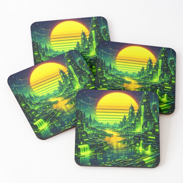 Item preview, Toxic Neon Cyber City - Electric Lime Green Industrial Future Synthwave Art designed and sold by Tw1nsAIArt.