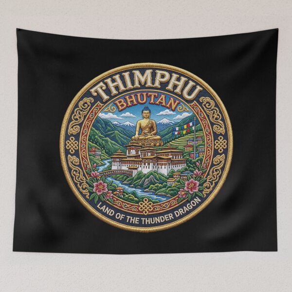 Item preview, Thimphu, Bhutan – Buddha statue, mountains & prayer flags designed and sold by Girih.