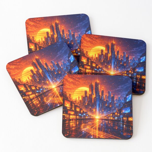 Item preview, Orange Cyber City Sunset - Amber Glow Future Metropolis Synthwave Art designed and sold by Tw1nsAIArt.
