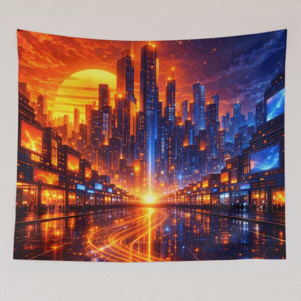 Item preview, Orange Cyber City Sunset - Amber Glow Future Metropolis Synthwave Art designed and sold by Tw1nsAIArt.