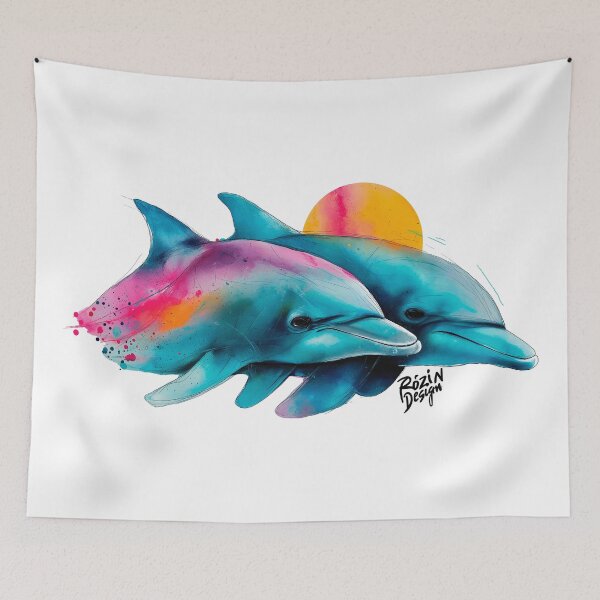 Item preview, Colorful Dolphin Duo Sunset Watercolor Art designed and sold by Rozin-Design.