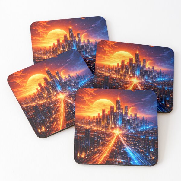 Item preview, Orange Cyber City Sunset - Amber Glow Future Metropolis Synthwave Art designed and sold by Tw1nsAIArt.