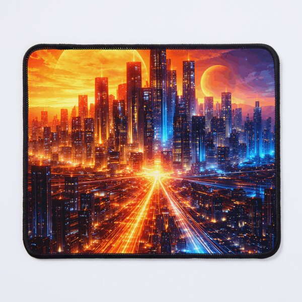 Item preview, Orange Cyber City Sunset - Amber Glow Future Metropolis Synthwave Art designed and sold by Tw1nsAIArt.