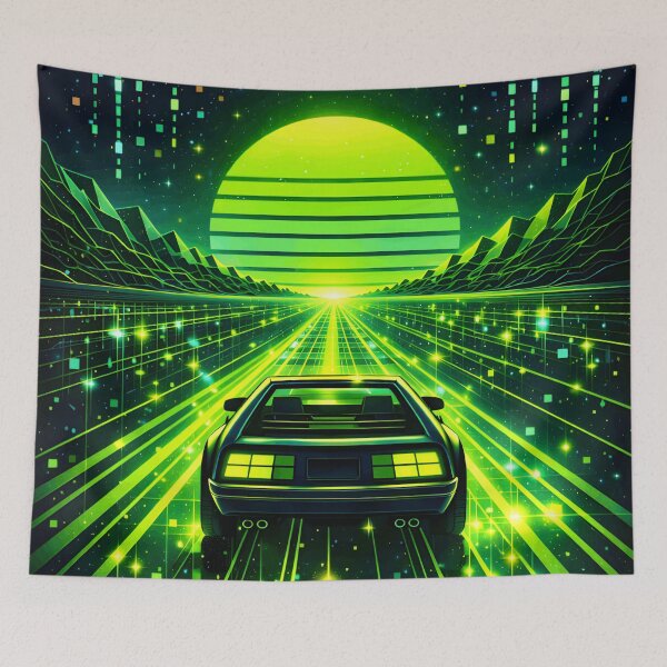 Item preview, Toxic Green Retrowave Drive - Electric Lime Synthwave Car on Digital Grid designed and sold by Tw1nsAIArt.
