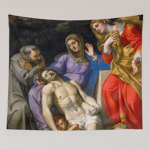 Item preview, Pietà with Saint Francis Mary Magdalene Carracci Painting designed and sold by TheSoulOfArt.