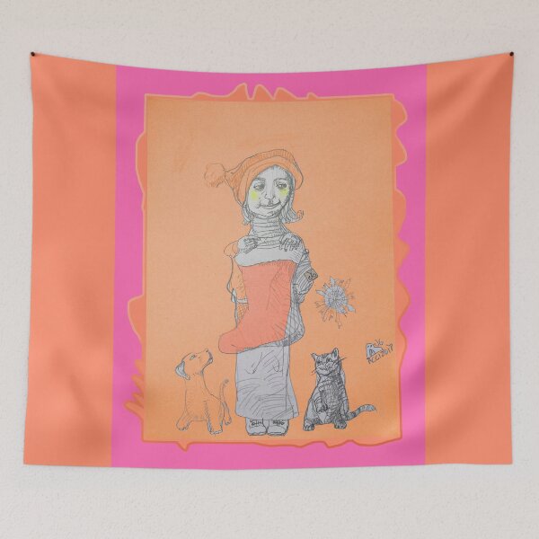Item preview, Christmas Girl with Saint Nick Sock, Dog and Cat (Drawing by ACCI) designed and sold by VanyssaGraphics.