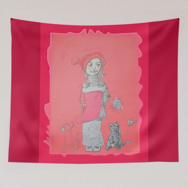 Item preview, Christmas Girl with Saint Nick Sock, Dog and Cat (Drawing by ACCI) designed and sold by VanyssaGraphics.