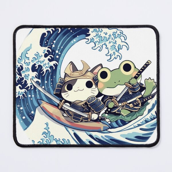 Item preview, Samurai Cat and Frog Eating Ramen Together - Japanese Noodle Duo Art designed and sold by De Aqui y de Alla Studio.