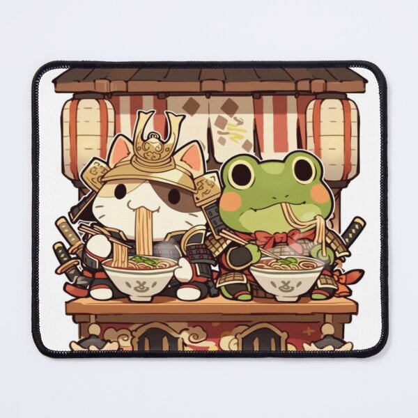 Item preview, Samurai Cat and Frog Eating Ramen Together - Japanese Noodle Duo Art designed and sold by De Aqui y de Alla Studio.