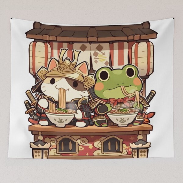 Item preview, Samurai Cat and Frog Eating Ramen Together - Japanese Noodle Duo Art designed and sold by De Aqui y de Alla Studio.