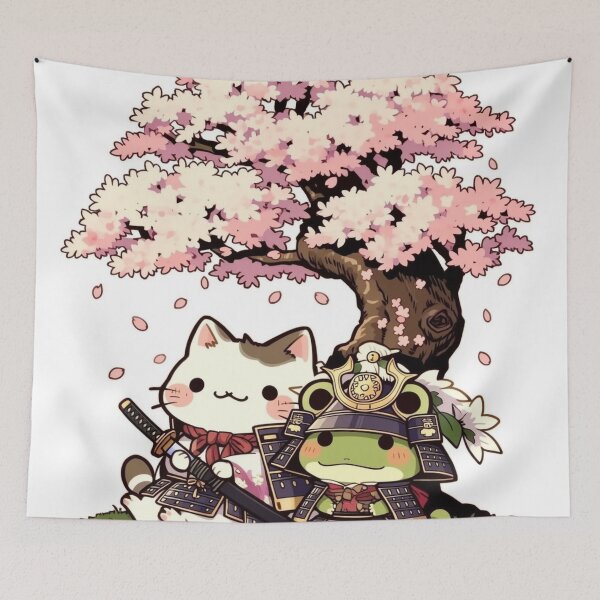 Item preview, Samurai Cat and Frog Under Cherry Blossoms - Sakura Best Friends Art designed and sold by De Aqui y de Alla Studio.