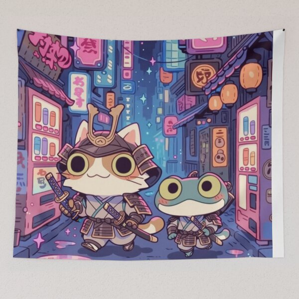 Item preview, Samurai Cat and Frog Riding Dragon - Epic Japanese Duo Warrior Art designed and sold by De Aqui y de Alla Studio.