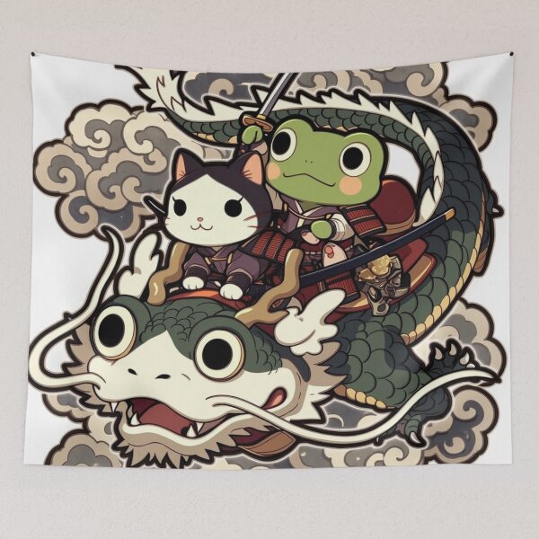 Item preview, Samurai Cat and Frog Riding Dragon - Epic Japanese Duo Warrior Art designed and sold by De Aqui y de Alla Studio.