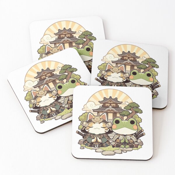 Item preview, Samurai Cat and Frog Meditating - Zen Japanese Duo Art designed and sold by De Aqui y de Alla Studio.
