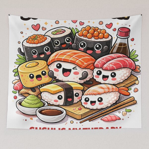 Aperçu de l'œuvre Sushi Addiction Cute Kawaii Sushi Cartoon créée et vendue par MarinaBlackArt.