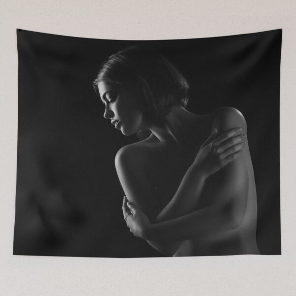 Item preview, Beautiful figurative female art painting semi-nude model portrait black and white photograph poster art print designed and sold by Astrid Arkhangelsky.