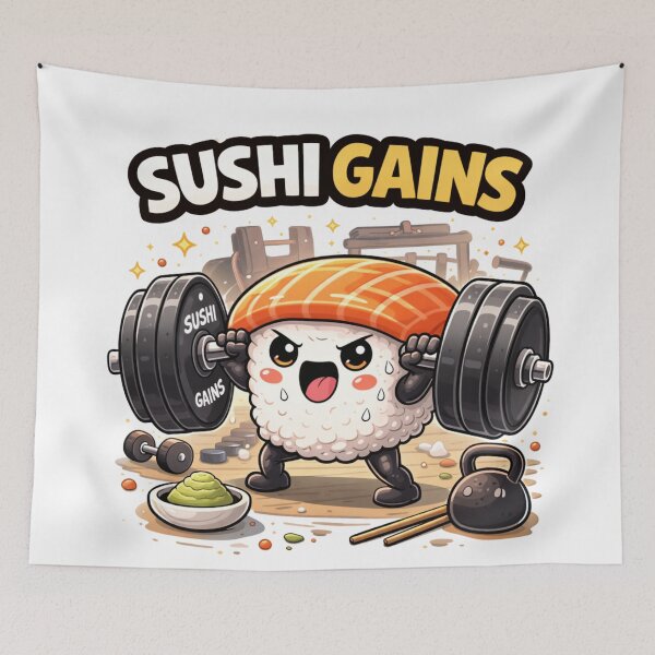 Item preview, Sushi Gains Funny Gym Sushi Cartoon designed and sold by MarinaBlackArt.