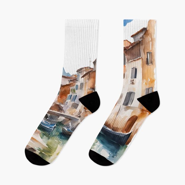 Item preview, Italian Canal Village Watercolor – Charming European Riverside Art designed and sold by ChenEngEng.