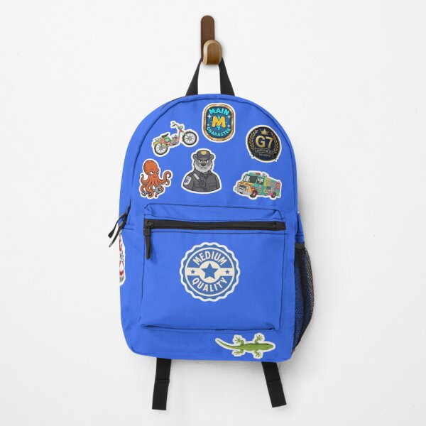 Aperçu de l'œuvre Sac à dos bleu avec collection d'autocollants esthétiques colorés créée et vendue par octozap.