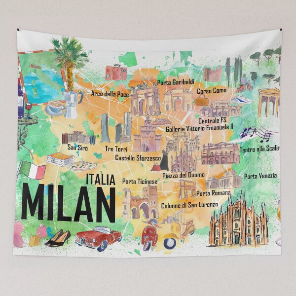 Item preview, Milano Italy Illustrated Travel Poster Favorite Map with Roads and Tourist Highlights designed and sold by artshop77.