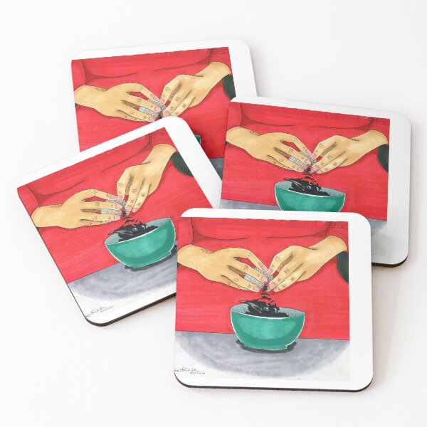 Item preview, Woman in Red Cracks Black Baby Crow into Teal Bowl designed and sold by bouncing betty art.