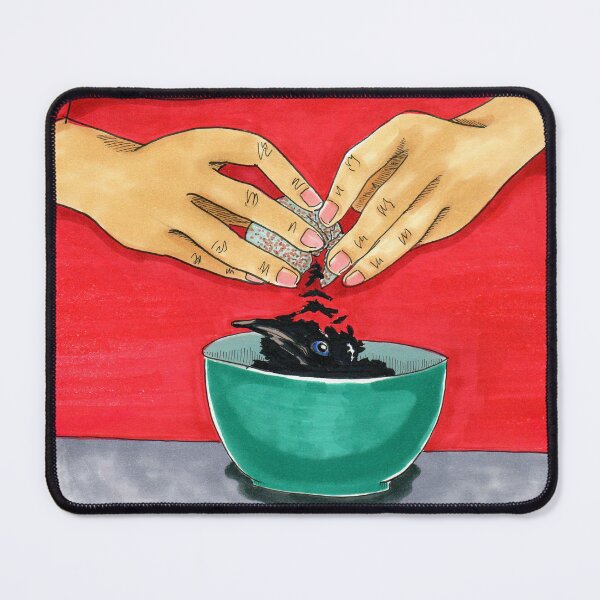 Item preview, Woman in Red Cracks Black Baby Crow into Teal Bowl designed and sold by bouncing betty art.