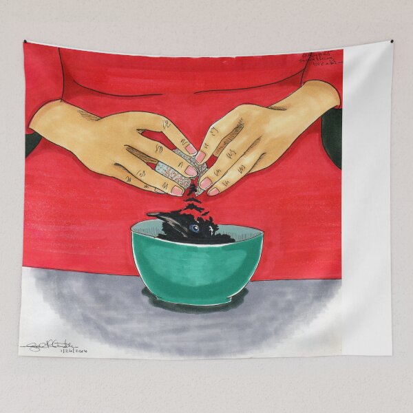 Item preview, Woman in Red Cracks Black Baby Crow into Teal Bowl designed and sold by bouncing betty art.
