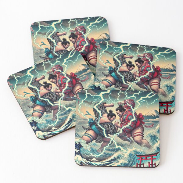 Item preview, Thunderous Sumo Duel – Great Wave Ukiyo-e Warrior Print designed and sold by ArtFreshStudio.
