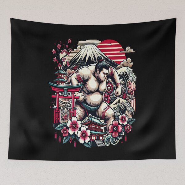 Item preview, Cherry Blossom Sumo Power – Ukiyo-e Warrior with Mt Fuji designed and sold by ArtFreshStudio.