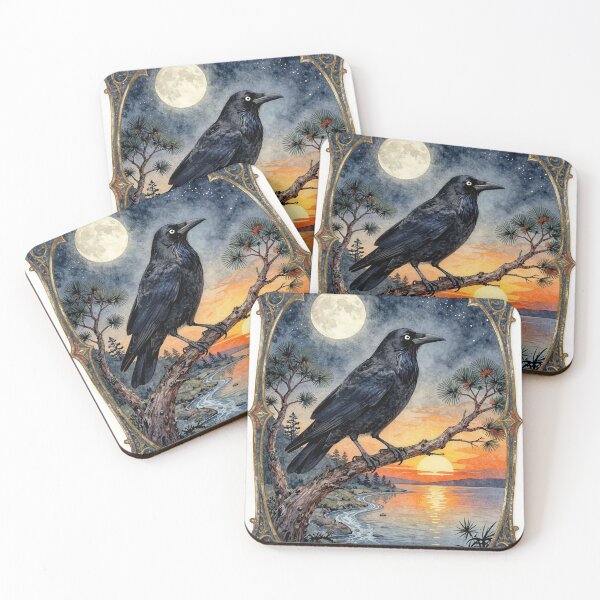 Item preview, Crow in an Old Pine Tree by the Bay at Sunset under Full Moon designed and sold by Campbell Gallery.