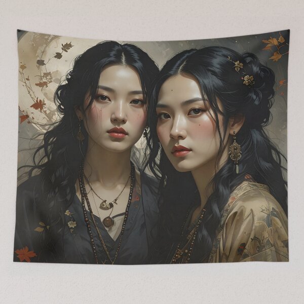 Item preview, Portrait of Asian Twins — Mysterious Aesthetic Elegance designed and sold by Schoenenwald — Art Japonais, Zen & Nature.