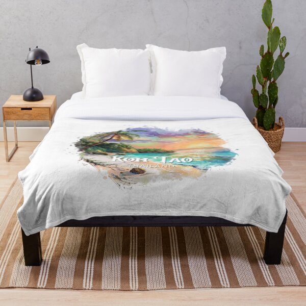 Aperçu de l'œuvre Coucher de soleil tropical sur une plage de Koh Tao, Thaïlande – Design vintage aquarelle pour voyage insulaire créée et vendue par ArcticFoxStudio.