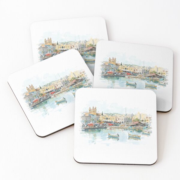 Item preview, Marsaxlokk Malta Harbor Illustration – Colorful Mediterranean Fishing Village Art Print designed and sold by clausbjoern.