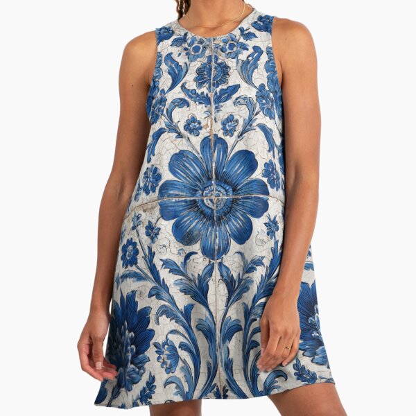 Antique Classic Lisbon Blue Azulejo Tile Floral Pattern Lisbon A-Line Dress