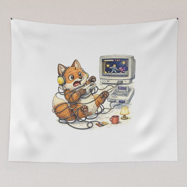 Item preview, Retro Gamer Fox Tangled in Console Cables – Vintage 8 Bit Gaming Sticker Illustration designed and sold by Felixuss.