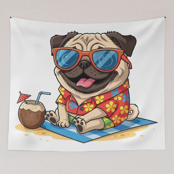 Item preview, Tropical Vacation Pug: Cute Cartoon Dog in Hawaiian Shirt and Sunglasses designed and sold by MakarenaCreate.