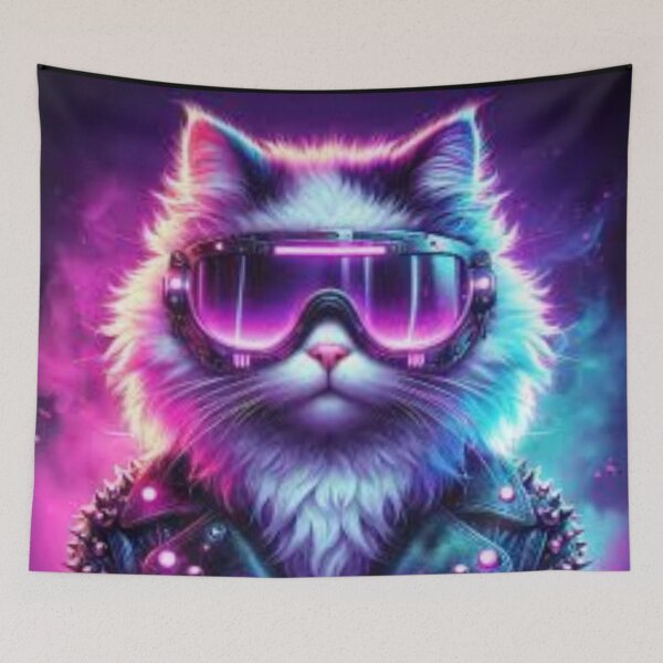 Item preview, Futuristic Cyberpunk Cat in Glowing Goggles and Studded Leather designed and sold by MakarenaCreate.