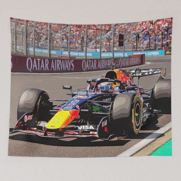 Item preview, Max Verstappen racing his 2026 F1 car during the Australian Grand Prix watercolor designed and sold by Rodissimus1984.
