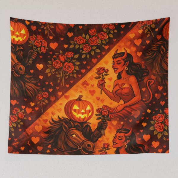 Item preview, Headless Horseman & Devil Valentine – Retro Halloween Art designed and sold by TheHorsemanRidesAgain.