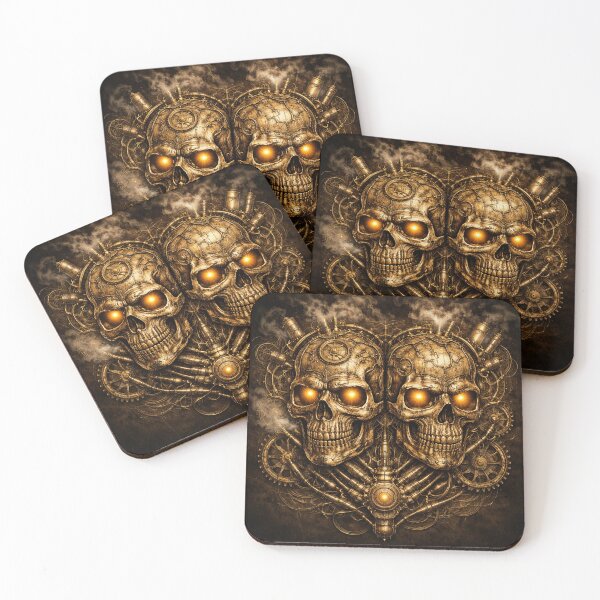 Item preview, Steampunk Double Skull – Clockwork Mechanical Skull Gothic Art designed and sold by Gearsandgrit.