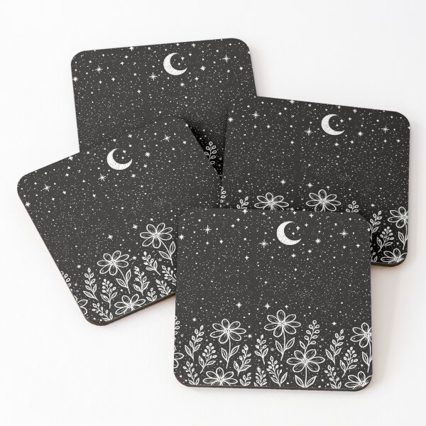 Aperçu de l'œuvre Motif floral céleste lune et étoiles – Ciel nocturne botanique créée et vendue par art2print.