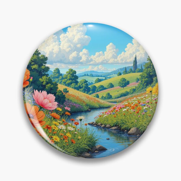 Artikelvorschau, Lebendige Bachlandschaft mit Wiesenmotiv | Idyllische Landschaft | Fröhliche Naturillustration entworfen und verkauft von LatentRenderArt.