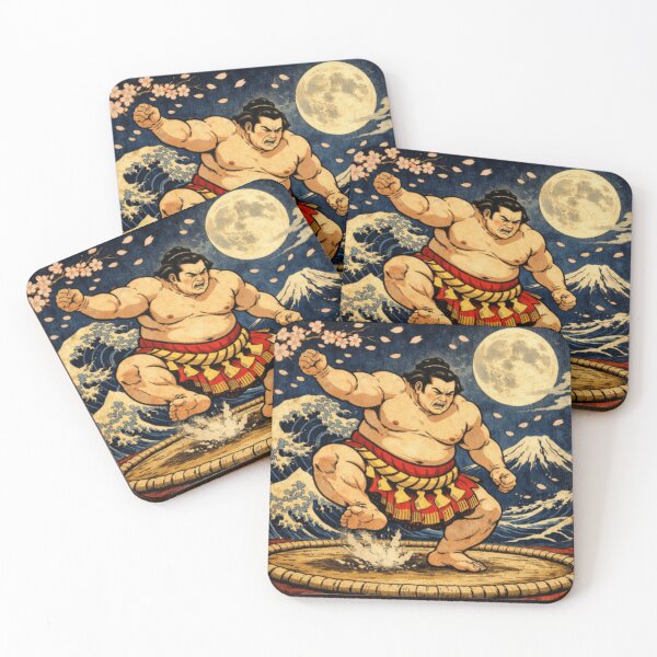 Item preview, Sumo Moon Fury – Night Wave & Cherry Blossom Ukiyo-e Art designed and sold by ArtFreshStudio.