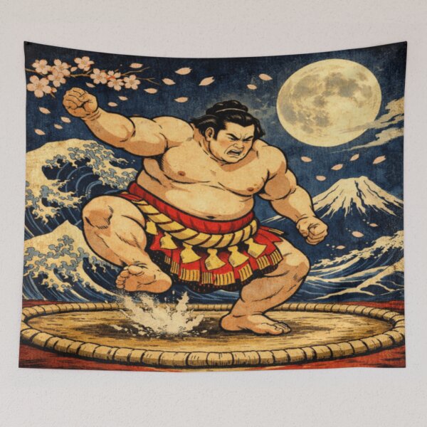 Item preview, Sumo Moon Fury – Night Wave & Cherry Blossom Ukiyo-e Art designed and sold by ArtFreshStudio.