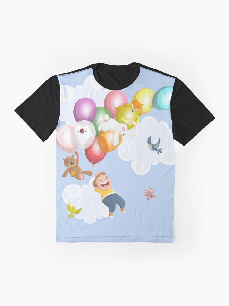 Alternate view of Cartoon boy flying with balloons and friends Graphic T-Shirt