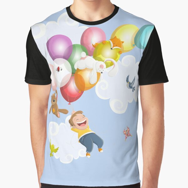 Cartoon boy flying with balloons and friends Graphic T-Shirt