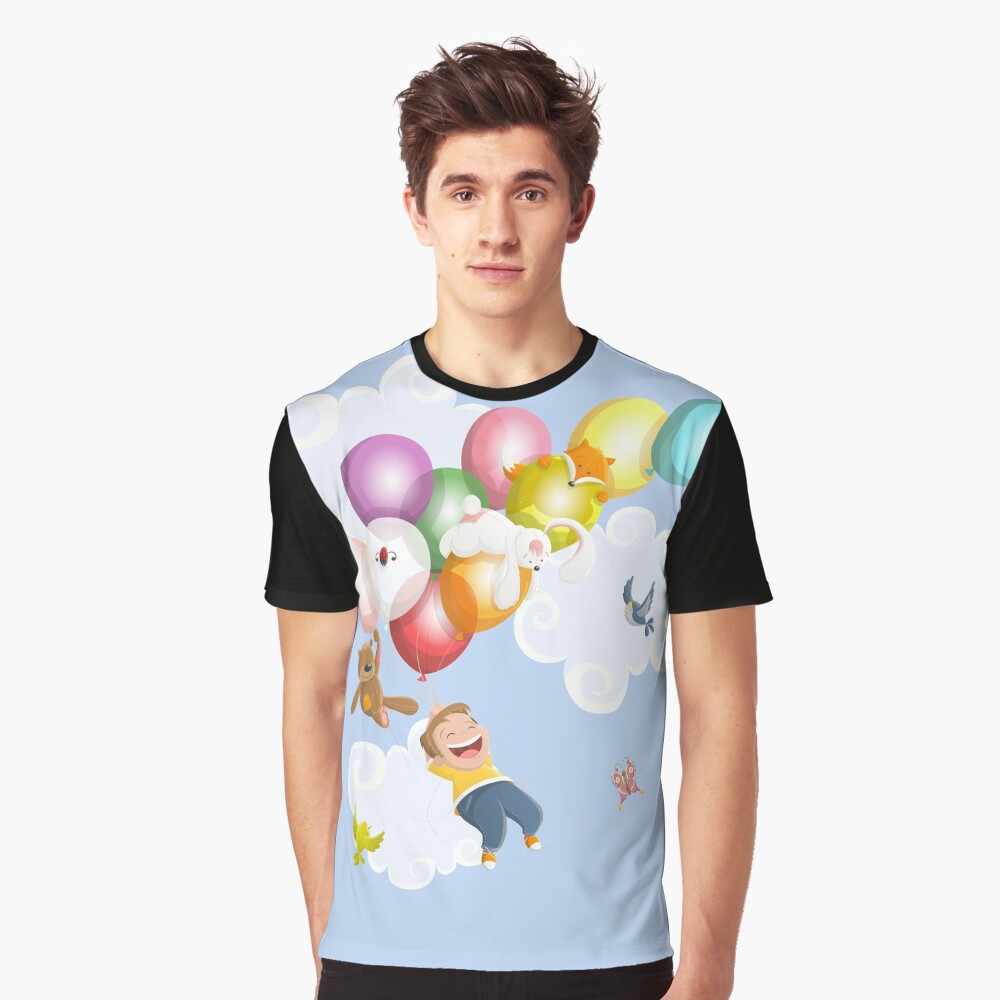 Cartoon boy flying with balloons and friends Graphic T-Shirt