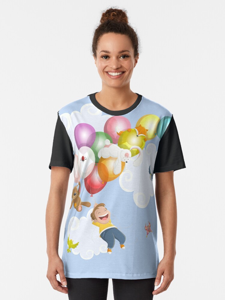 Alternate view of Cartoon boy flying with balloons and friends Graphic T-Shirt