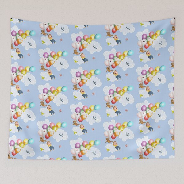 Item preview, Cartoon boy flying with balloons and friends designed and sold by creaschon.