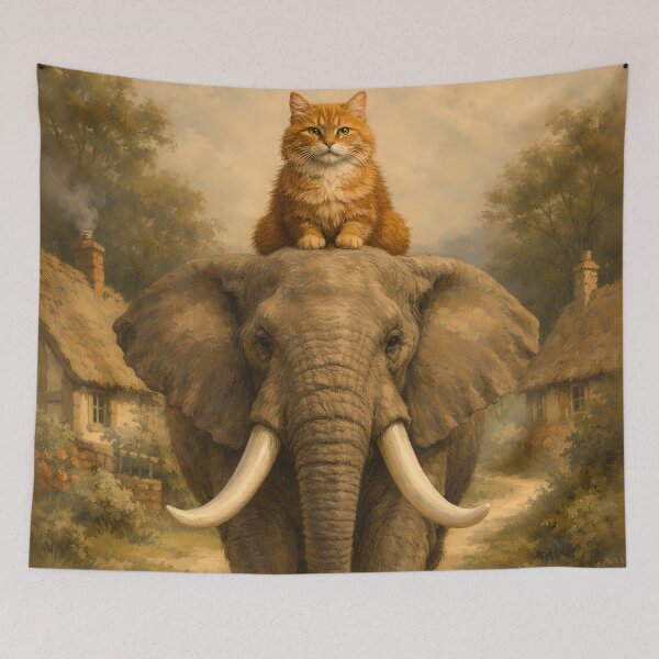 Item preview, Cat Riding Elephant – Whimsical Cottagecore Animal Vintage Painting designed and sold by Luvahawb.